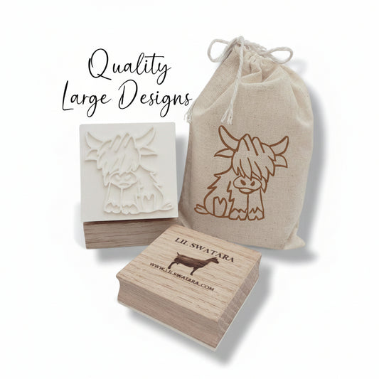 Highland cow soap stamp with large 54×54 mm recessed design and wood base.