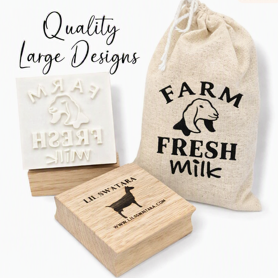 Farm Fresh Milk soap stamp with Nubian goat head on red oak wood base, 57×50 mm.