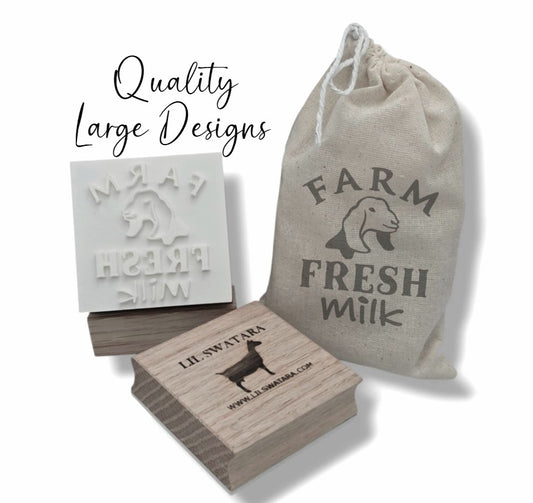 Farm Fresh Milk soap stamp with Nubian goat head on red oak wood base, 57×50 mm.