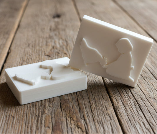 SOAP STAMP – Girl & Chicken Farm Barnyard Design creates crisp impressions featuring a farm girl and chicken, perfect for country and children’s handmade soaps.
