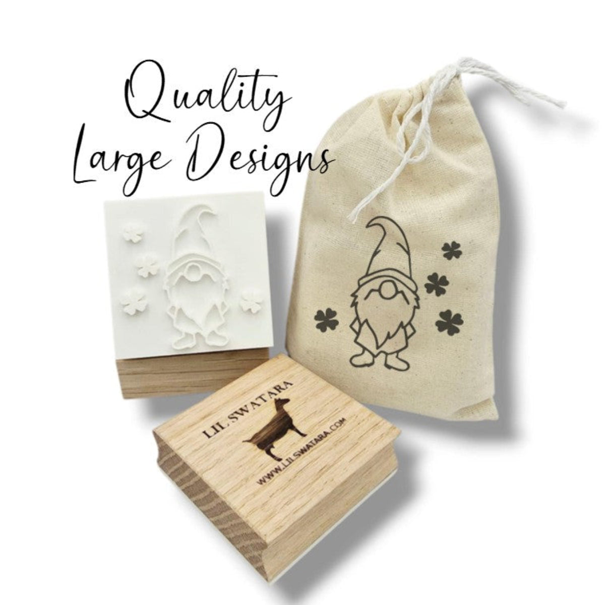 Wooden soap stamp with gnome and shamrock design, perfect for St. Patrick’s Day and lucky-themed handmade soaps.