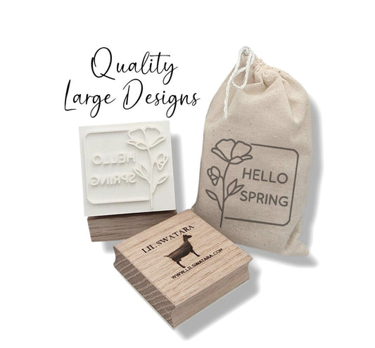 Hello Spring floral soap stamp with poppy-style flower on red oak wood base, 57×57 mm.