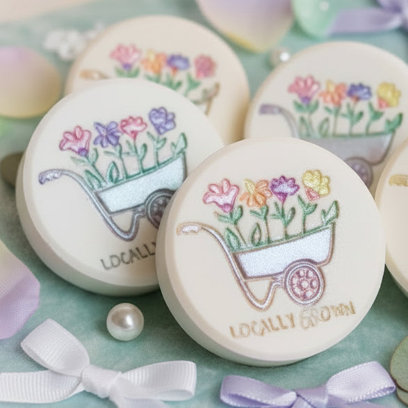 soap stamp that Creates LARGE, crisp Locally Grown Baby Shower Wagon impressions with charming farm‑market detail. The flower‑filled wagon and “Locally Grown Baby Shower” text stamp beautifully into cold process or melt‑and‑pour soaps, perfect for rustic baby showers, homestead gift sets, and artisan farm‑themed collections.