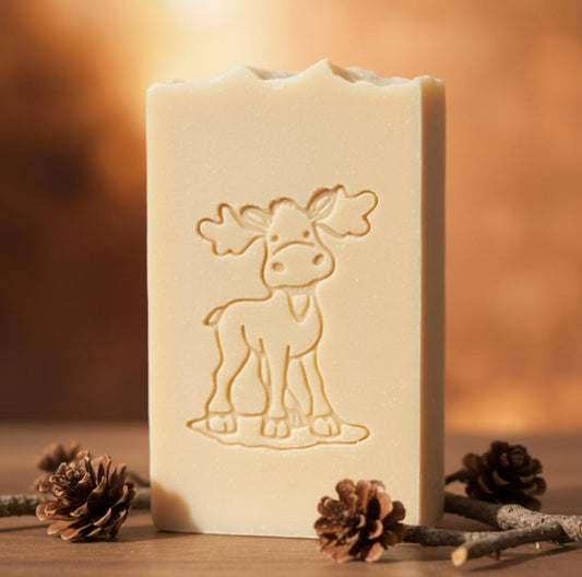ap stamped goat milk soap with a cute moose for a outdoor animal feel