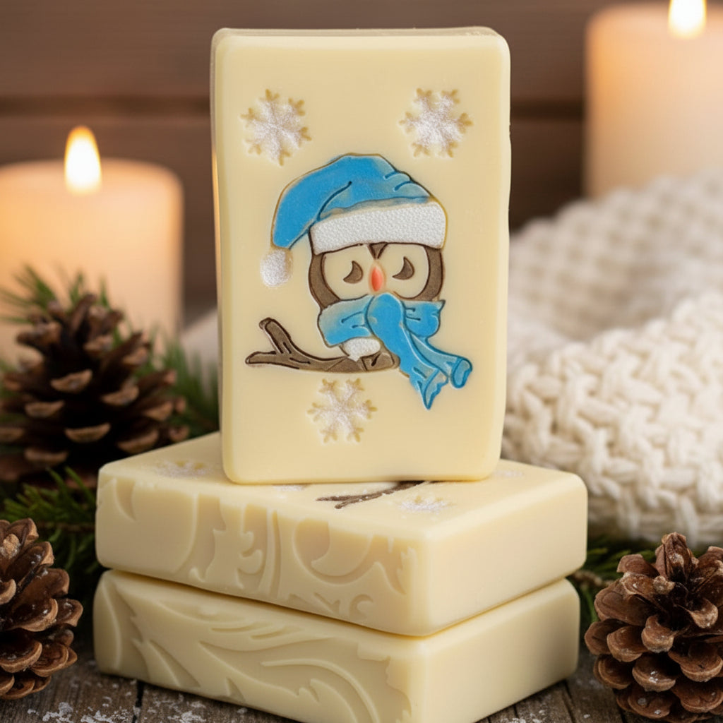 Soap stamp for large impression of winter owl on a limb with goat milk soap scene for holidays and winter christmas themed soap