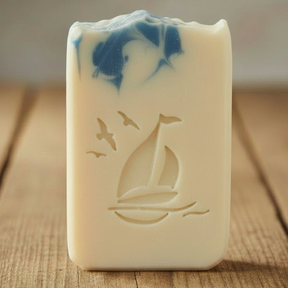 SOAP STAMP – Sailboat Seagulls Nautical Marine Design creates crisp impressions featuring a sailboat with seagulls, perfect for coastal and ocean‑inspired handmade soaps.
