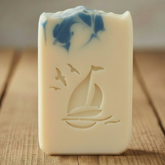 SOAP STAMP – Sailboat Seagulls Nautical Marine Design creates crisp impressions featuring a sailboat with seagulls, perfect for coastal and ocean‑inspired handmade soaps.
