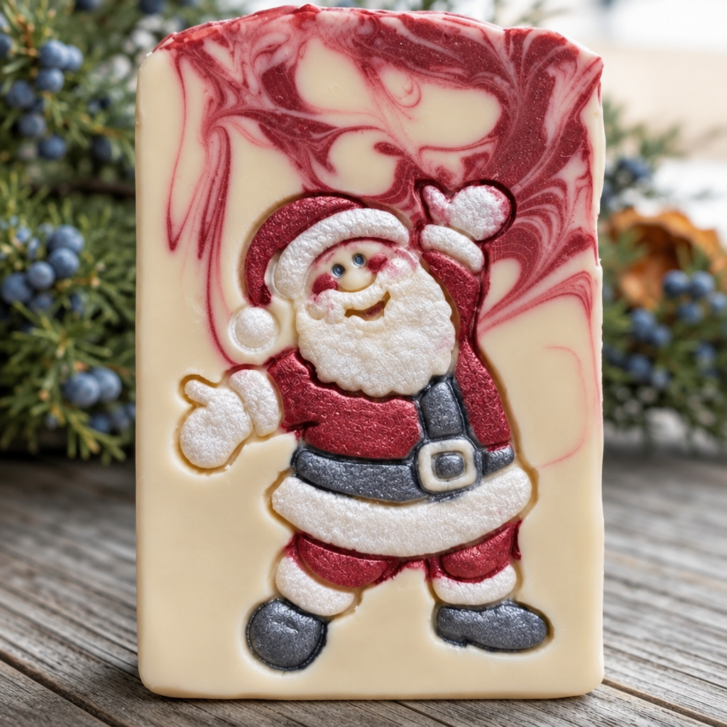 Happy Santa soap stamp with 66×46 mm recessed design, precision 3D printed PLA.