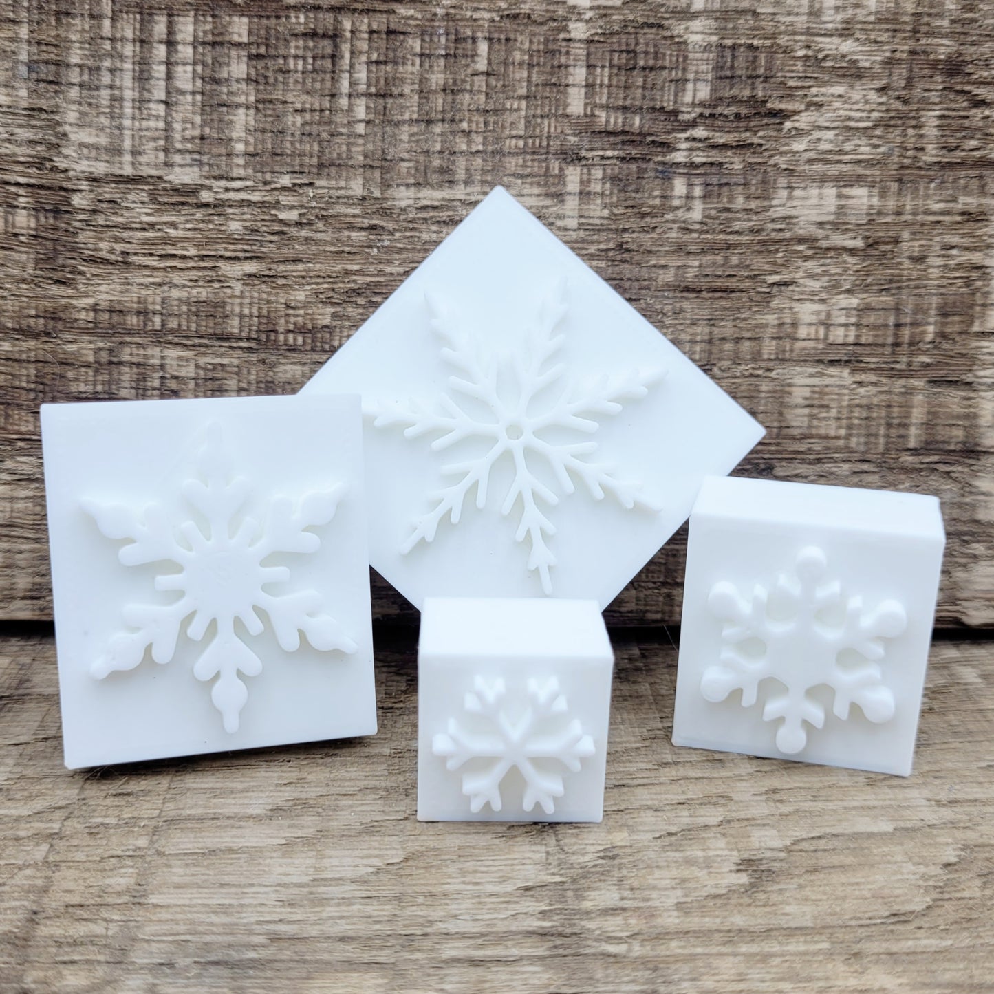 SOAP STAMP SET – Snowflakes Winter Christmas Design creates crisp delicate snowflake impressions for festive handmade soaps.
