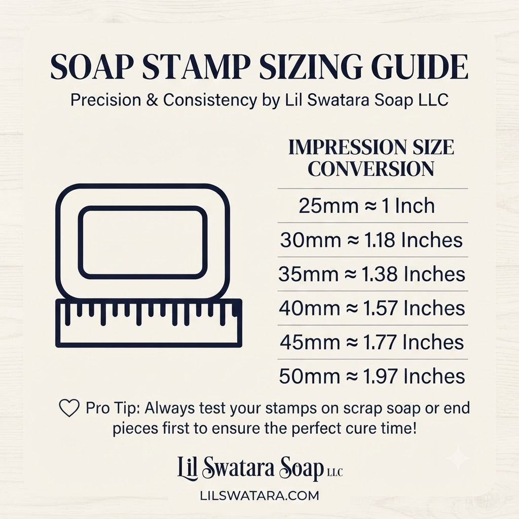 Lil Swatara Soap stamp sizing guide showing millimeter-to-inch impression size conversions for choosing the correct soap stamp dimensions.