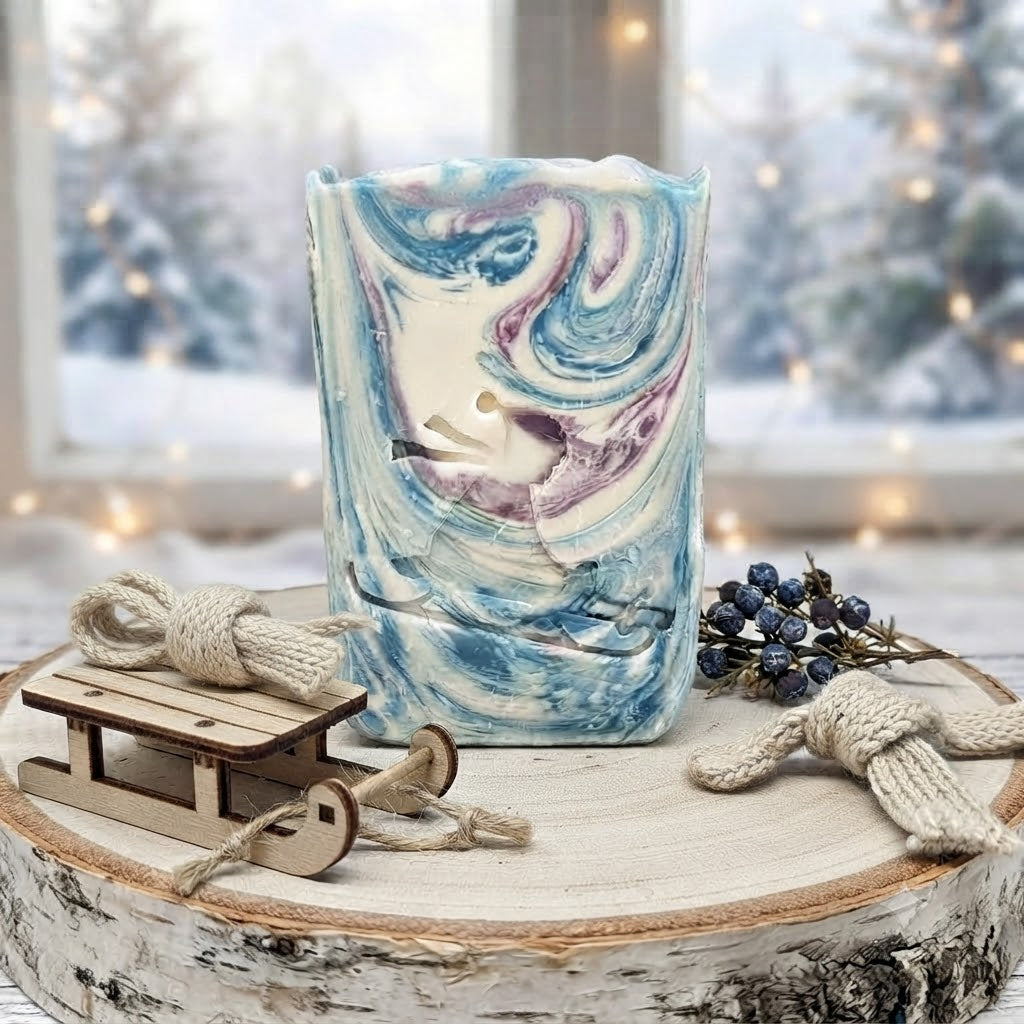 SOAP STAMP – Sledding Winter Fun Design creates crisp impressions featuring a joyful sledding scene, perfect for festive and children’s winter handmade soaps.
