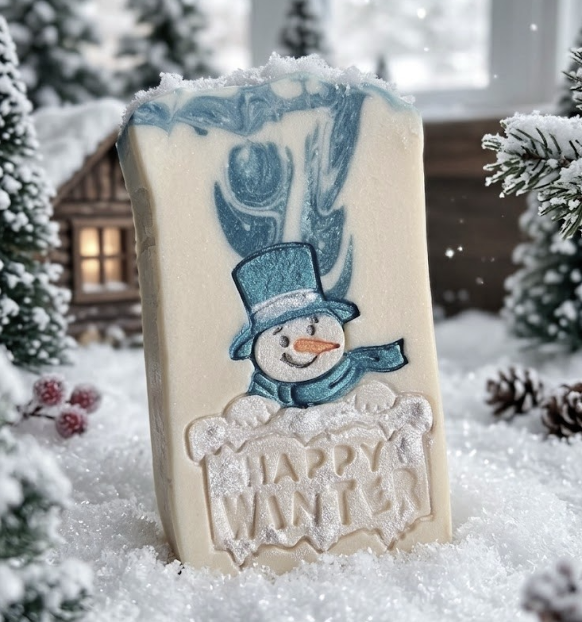 Snowman with Happy Winter sign soap stamp for winter soap designs
