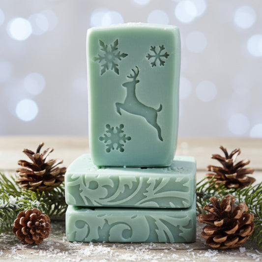 SOAP STAMP – Stag Deer Jumping Christmas Design creates crisp impressions featuring a majestic jumping stag, perfect for elegant Christmas and winter handmade soaps.
