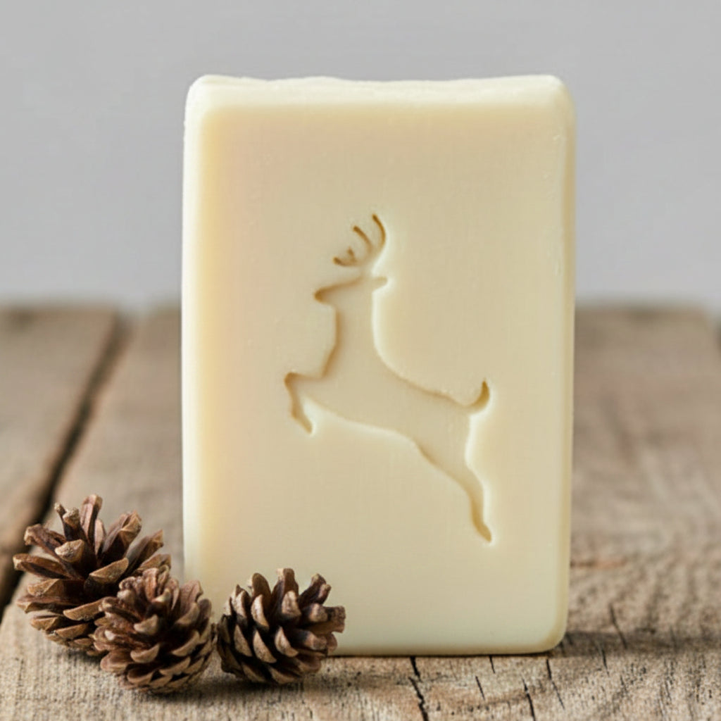 SOAP STAMP – Stag Deer Jumping Christmas Design creates crisp impressions featuring a majestic jumping stag, perfect for elegant Christmas and winter handmade soaps.
