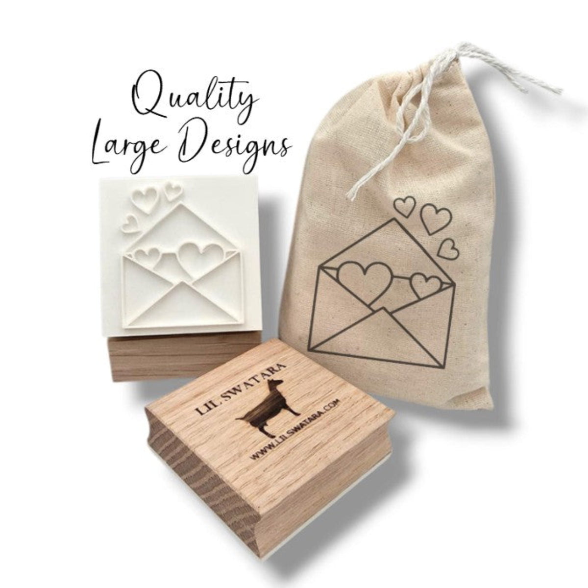 Wooden soap stamp with envelope and hearts design, perfect for Valentine’s Day and love-themed handmade soaps.