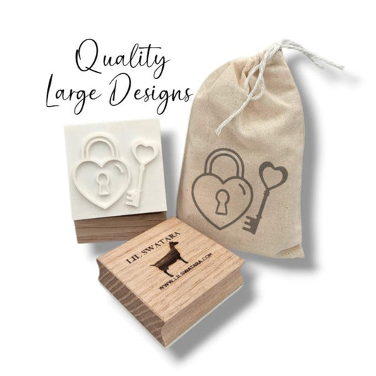 Wooden soap stamp with heart lock and key design, perfect for romantic and love-themed handmade soaps.