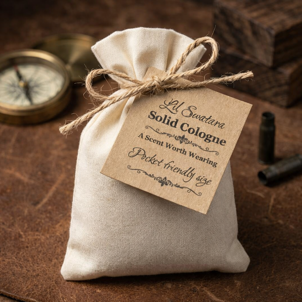 Lil Swatara solid cologne muslin sack with kraft tag on brown leather surface beside brass compass, bullet casings, and wooden block in rugged vintage setting