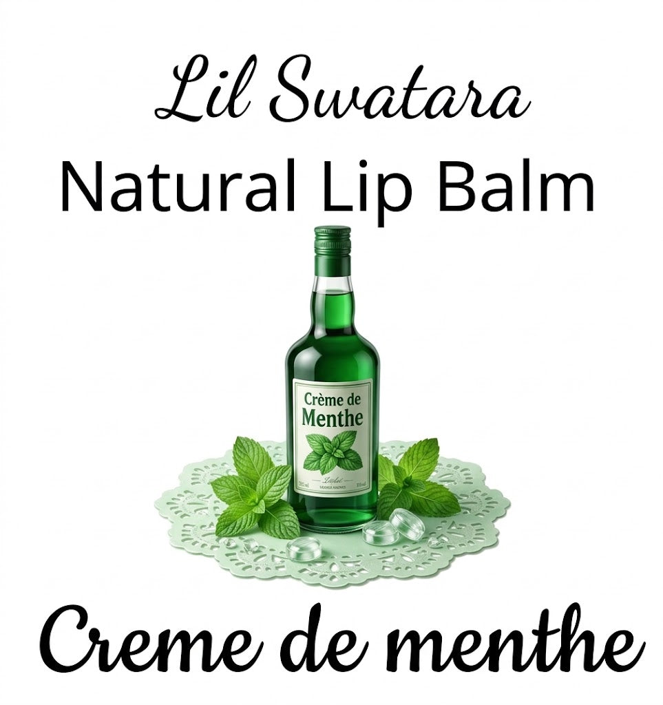Crème de Menthe lip balm label from the Sugar Bliss Collection featuring mint-inspired artwork and decorative lace background.