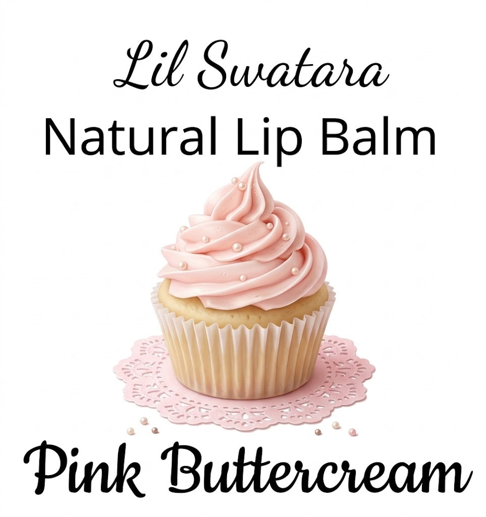 Pink Buttercream lip balm label from the Sugar Bliss Collection featuring a pink frosted cupcake and decorative lace background.