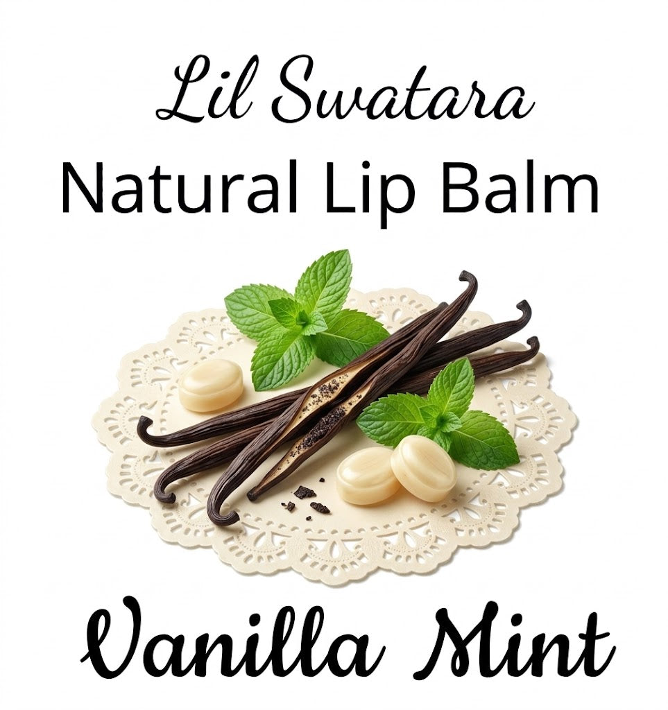 Vanilla Mint lip balm label from the Sugar Bliss Collection featuring vanilla and mint imagery with a decorative lace background.