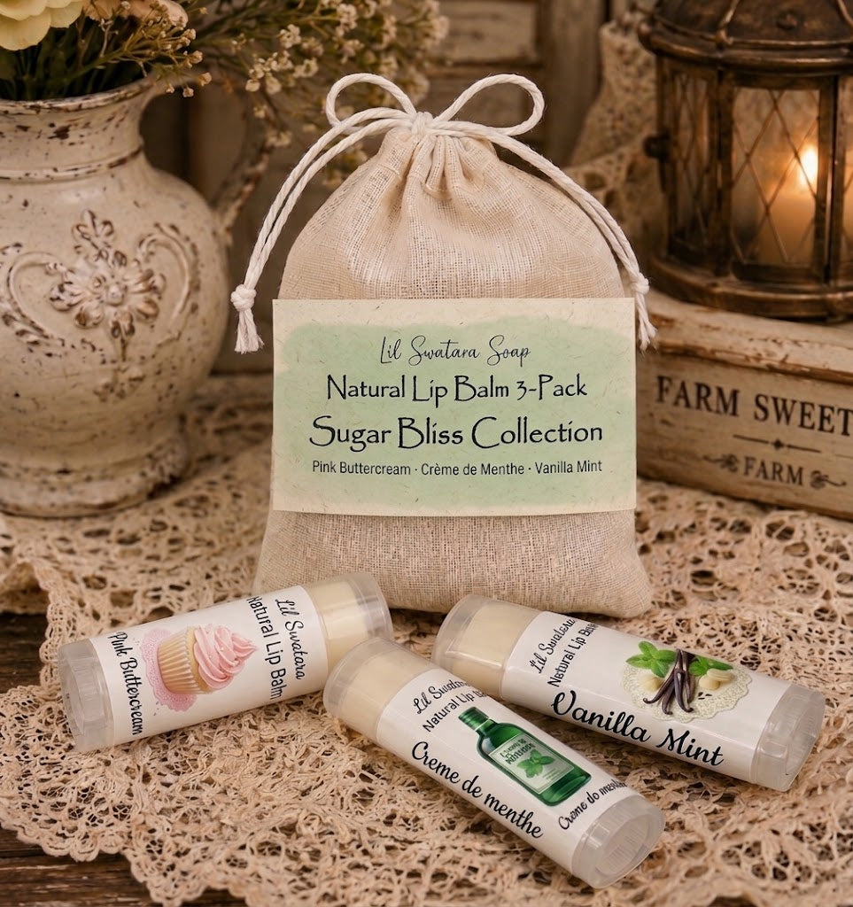 Sugar Bliss Collection natural lip balm gift set packaged in a muslin drawstring bag with Pink Buttercream, Crème de Menthe, and Vanilla Mint lip balms.