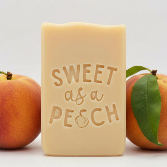 LARGE SOAP STAMP – Sweet as a Peach Peach Fruit Summer Design that Creates LARGE, crisp Sweet as a Peach impressions with a peach graphic replacing a letter. Ideal for fruity soaps, summer batches, farmers market collections, and artisan gift sets.