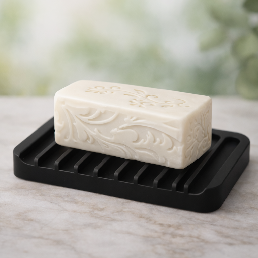 Black silicone self‑draining soap dish with handmade tallow soap showing side and top carvings on a marble surface.