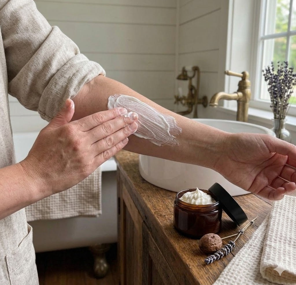 Woman applying tallow cream to her arm in a clean rustic farmhouse bathroom scene – Lil Swatara Soap

