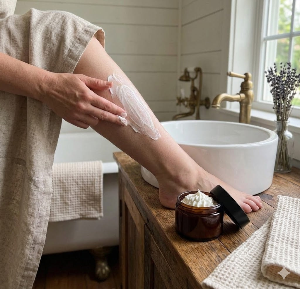 Woman applying tallow cream to her leg in a clean rustic farmhouse bathroom scene – Lil Swatara Soap
