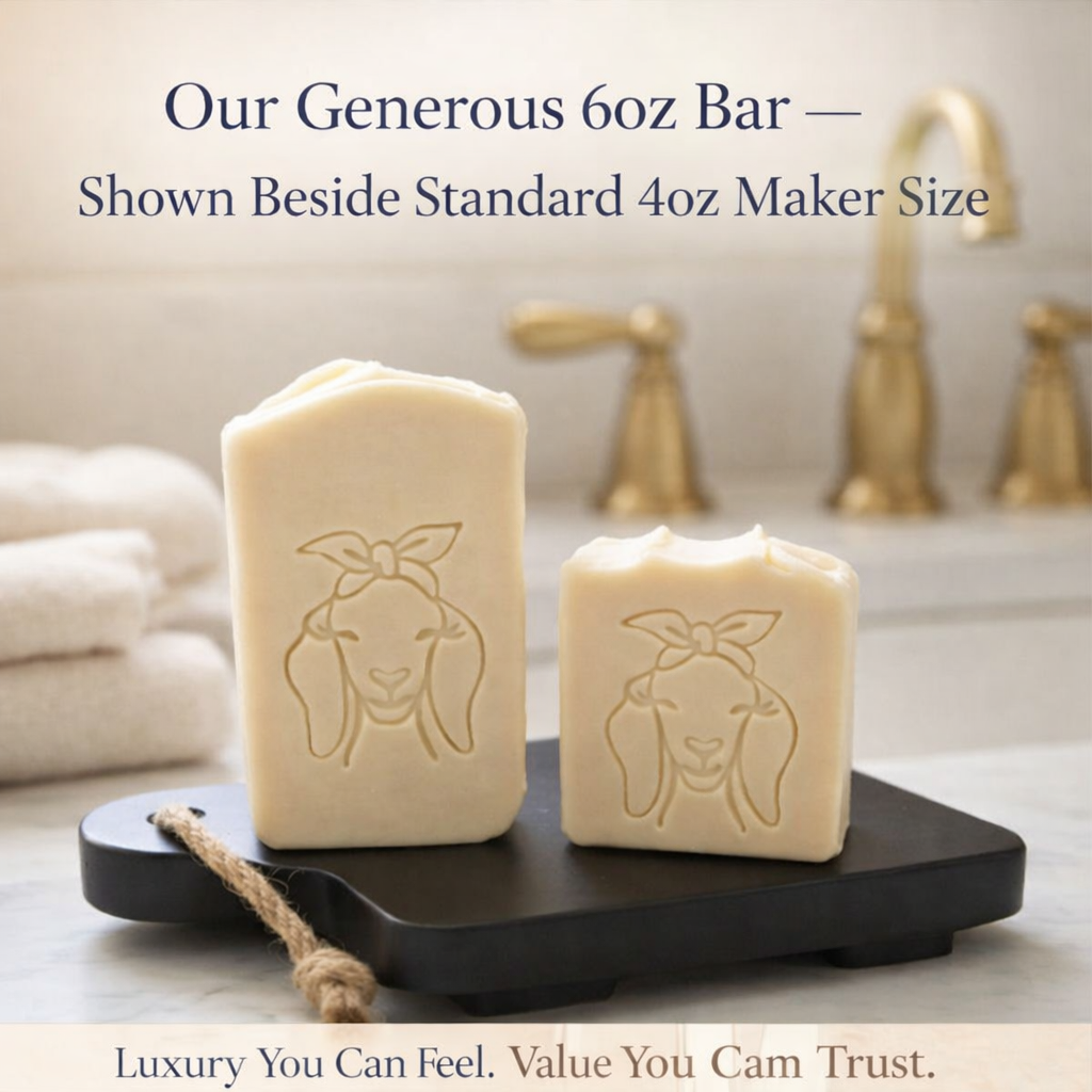 Creamy tallow goat milk soap bars on matte black tray with rope accent, showing large 6oz and smaller 4oz handmade bars embossed with goat head design.