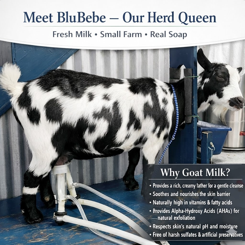 Farm‑fresh Nigerian Dwarf goat on blue milk stand inside tin‑walled dairy room, representing the source of our tallow goat milk soap made from real, small‑farm milk.