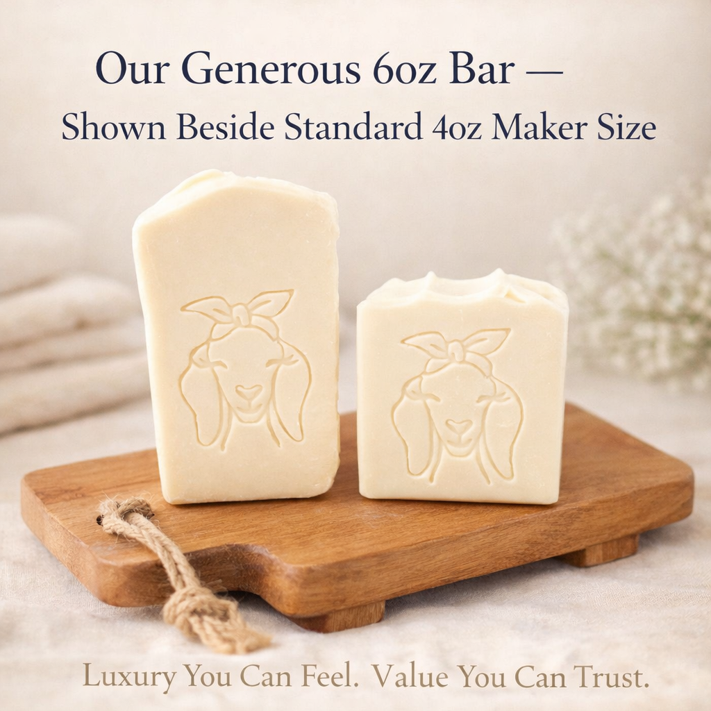Two handcrafted tallow goat milk soap bars on a rustic wooden tray, showing generous 6oz and standard 4oz sizes with embossed goat design and warm farmhouse lighting.