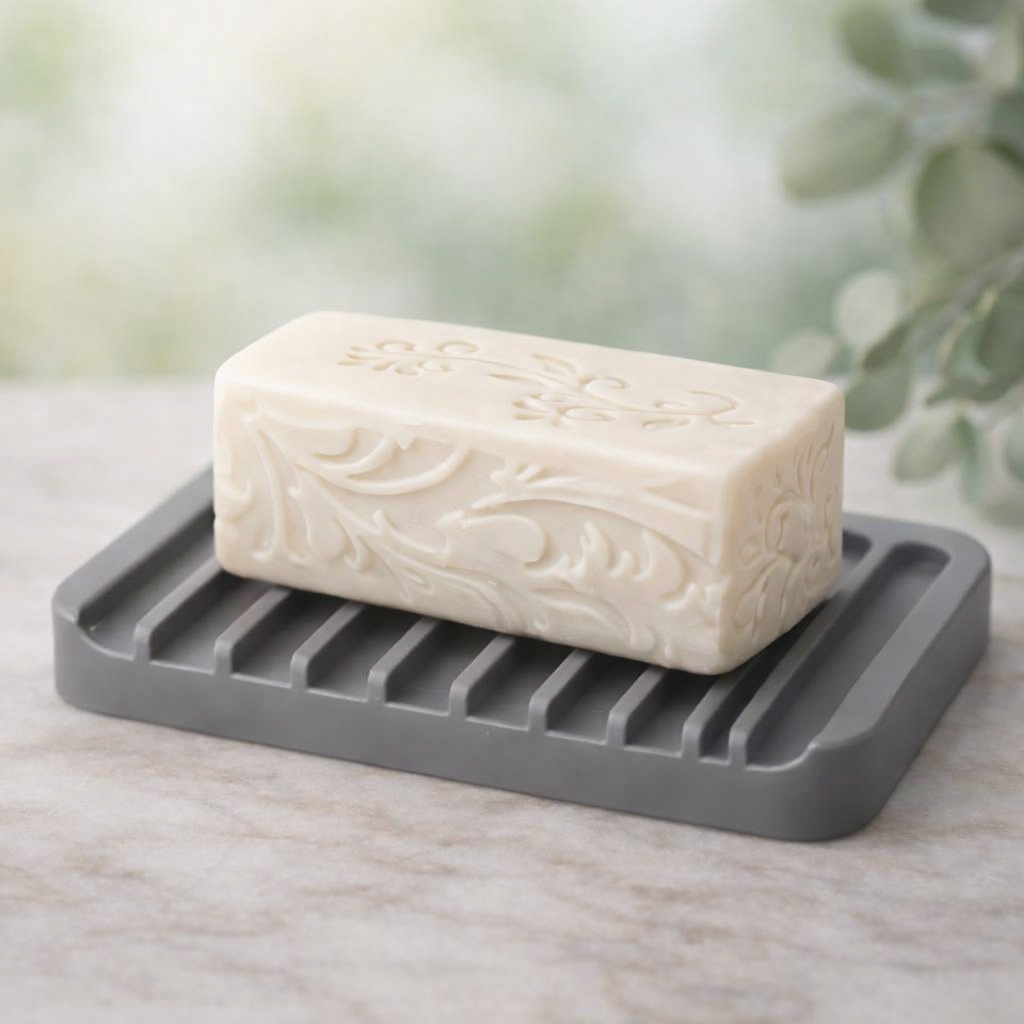 Gray silicone self‑draining soap dish holding an off‑white carved soap bar with floral and vine impressions, accented by soft sage eucalyptus leaves.