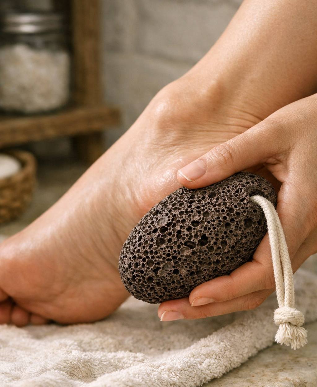 Woman gently exfoliating her heel with a natural volcanic pumice stone with rope, rustic cottage bathroom setting, soft warm lighting.