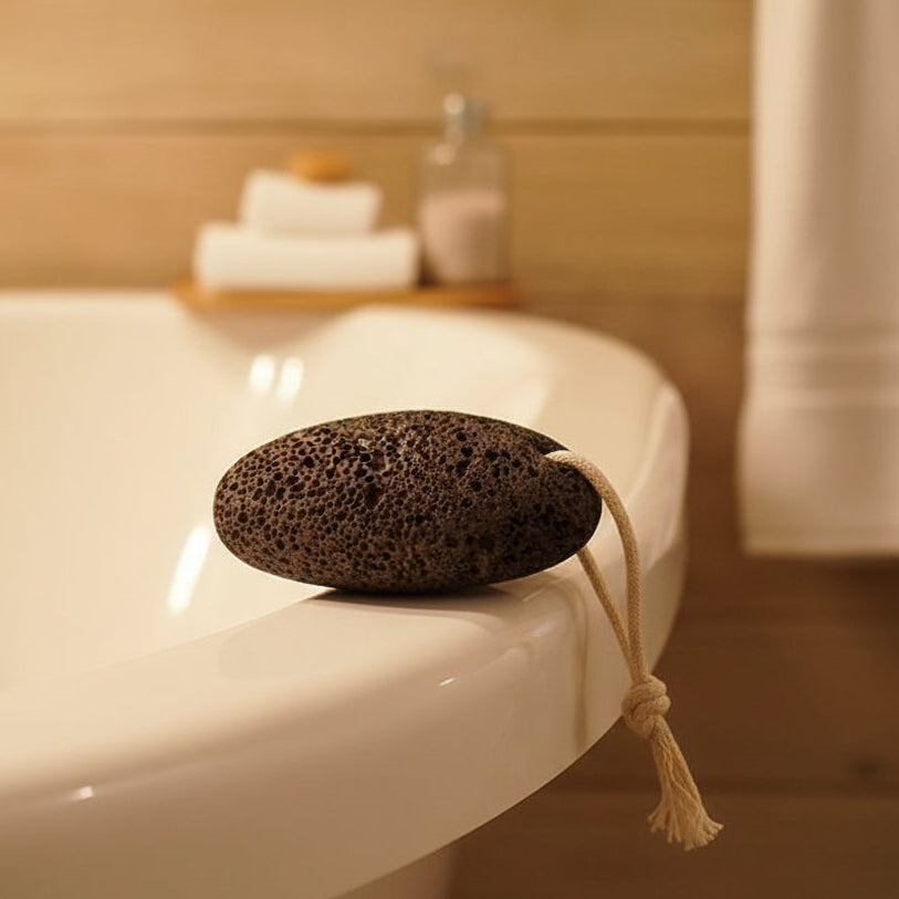 Natural volcanic pumice stone with cream rope resting on the edge of a fancy soaking tub in warm rustic cottage lighting.