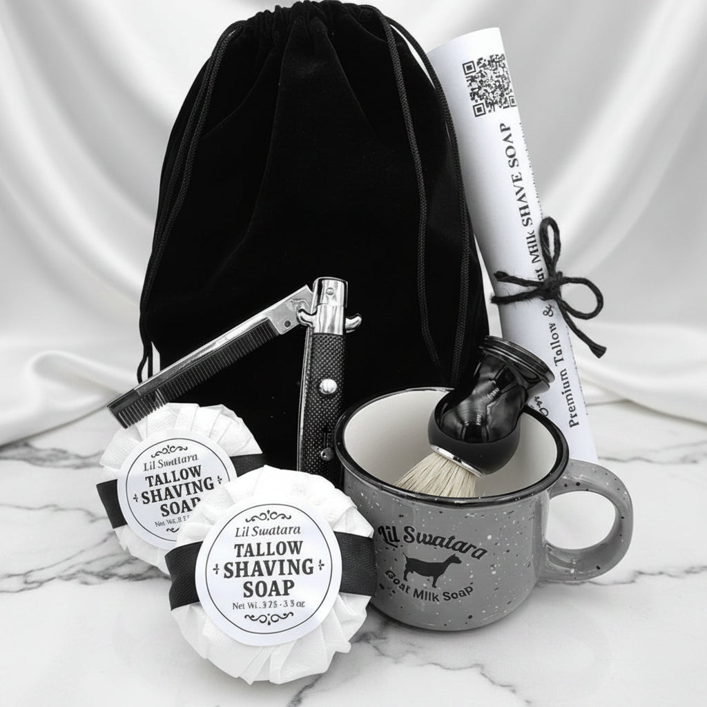 Creamy goat milk and tallow shave soap with spearmint. Includes discs, mug, and brush. Handmade, razor-friendly, and gift-ready. natural