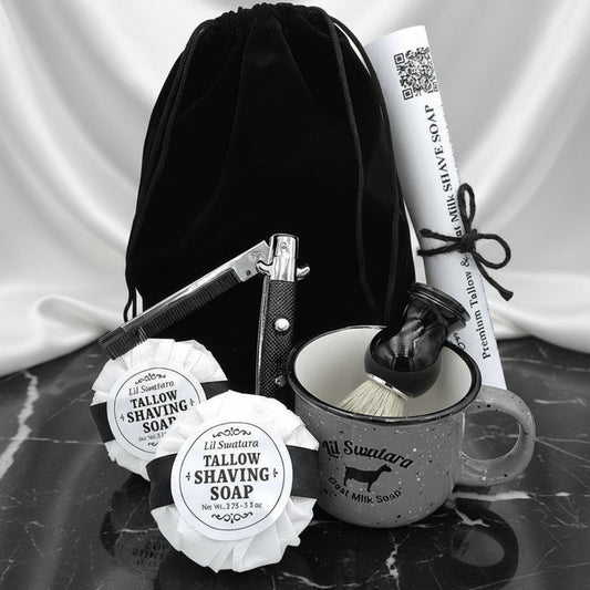 Creamy goat milk and tallow shave soap with spearmint. Includes discs, mug, and brush. Handmade, razor-friendly, and gift-ready. natural