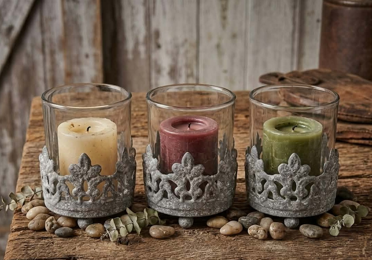3 Vintage cast iron crown votive candle holder with clear glass insert on rustic wood table, candle not included.
