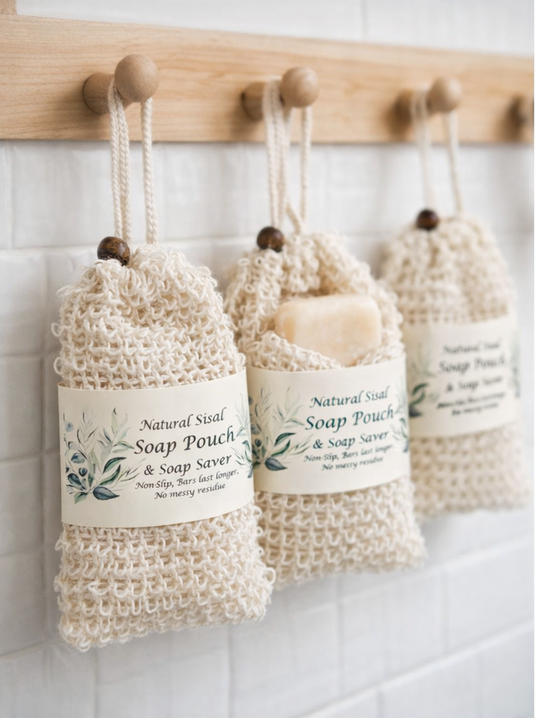 Natural sisal soap pouches hanging from wooden pegs on a white tiled wall, each labeled “Natural Sisal Soap Pouch & Soap Saver.