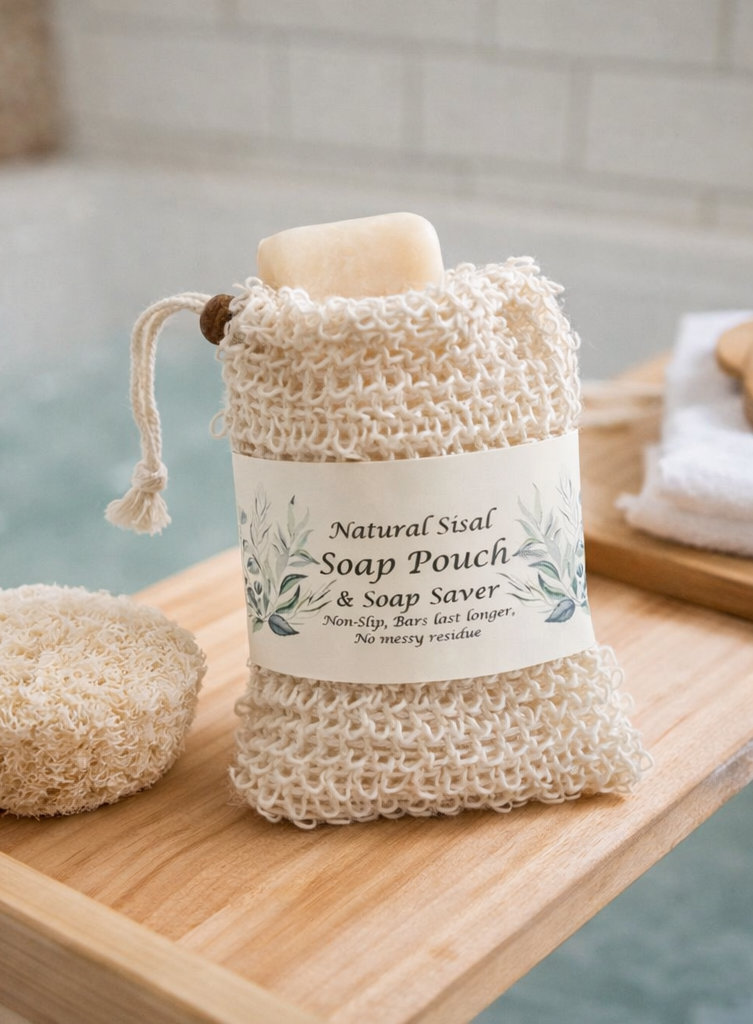 Natural sisal soap pouch with wooden bead drawstring resting on a wooden bathtub tray beside a loofah and towel, labeled “Natural Sisal Soap Pouch & Soap Saver.”