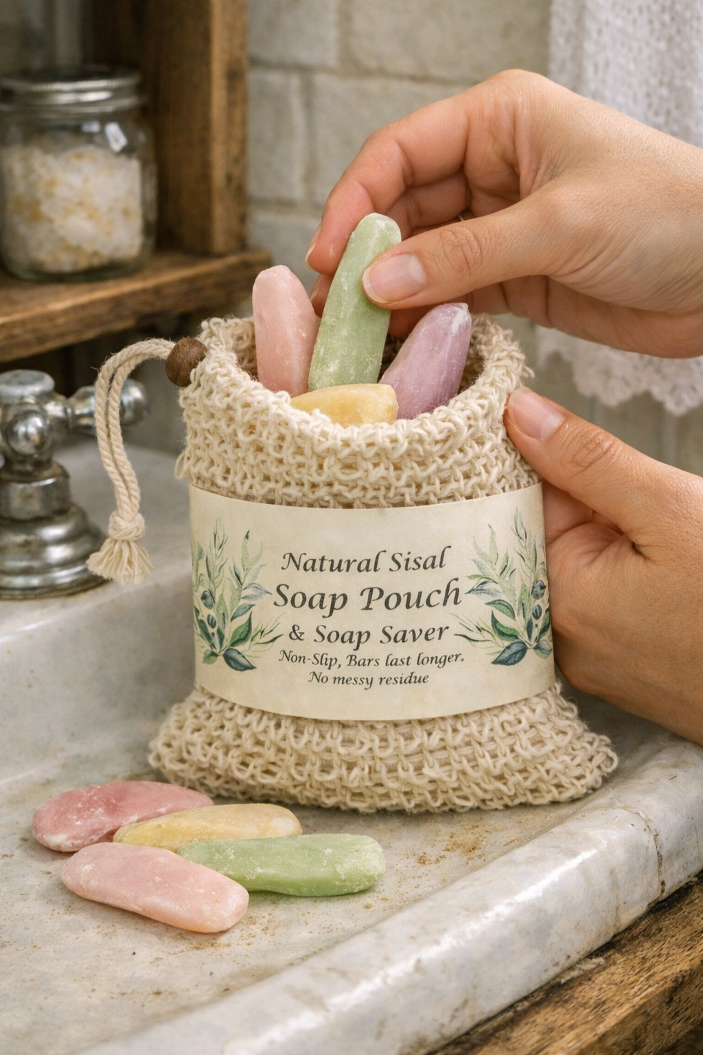 Natural Sisal Soap Saver & Wash Pouch - Drawstring Bag
