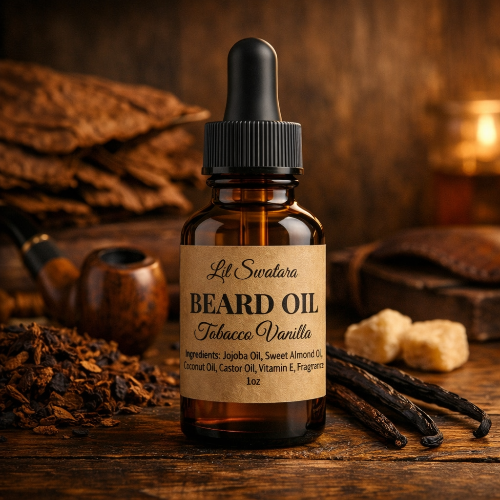 Tobacco Vanilla beard oil for men in amber dropper bottle on rustic wood with tobacco leaves, pipe and vanilla pods, Lil Swatara