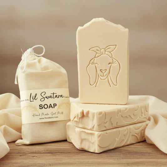 Triple Milk Cashmere Silk goat milk soap in ivory muslin sack with Lil Swatara tag, handmade and moisturizing.