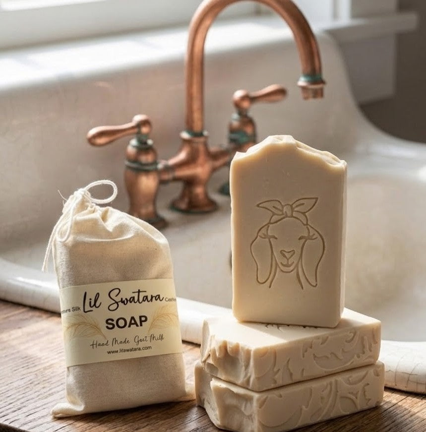 Triple Milk Cashmere Silk goat milk soap in ivory muslin sack with Lil Swatara tag, handmade and moisturizing.