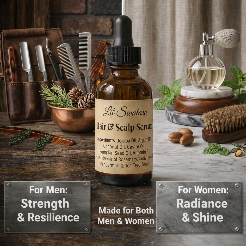 Unisex hair and scalp serum displayed with men’s grooming tools and women’s beauty accessories, natural oil blend for all hair types.