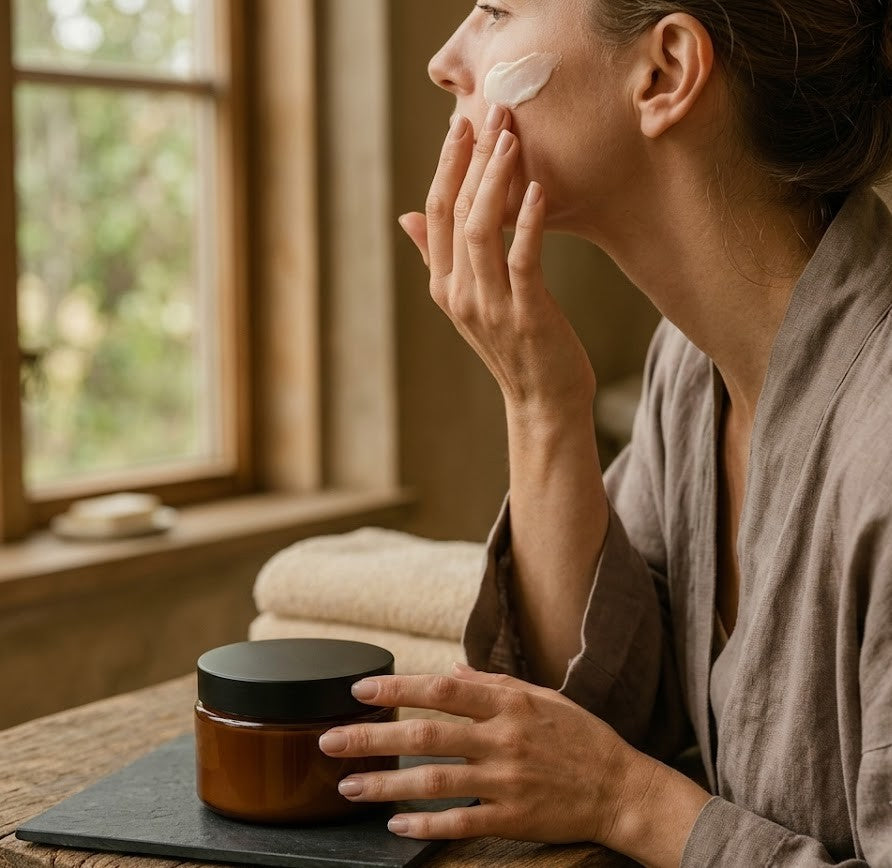 A woman with brown hair applying unscented goat milk face cream to her face, with an amber jar of the skincare product on a rustic wooden table.