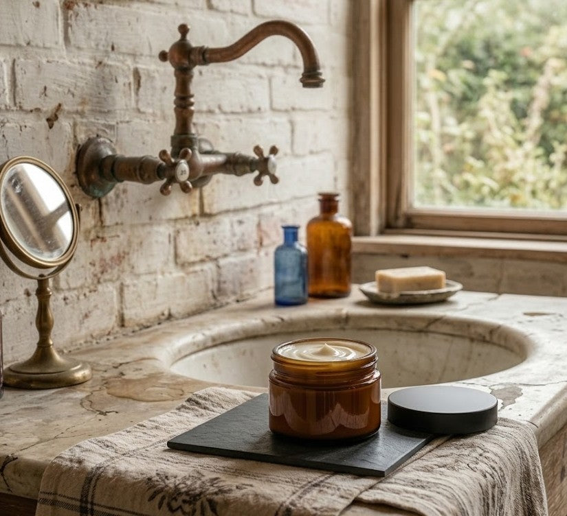 Vintage-style bathroom sink with rustic faucet, bottles, and a jar of Lil swatara goat milk face cream on a stone surface.