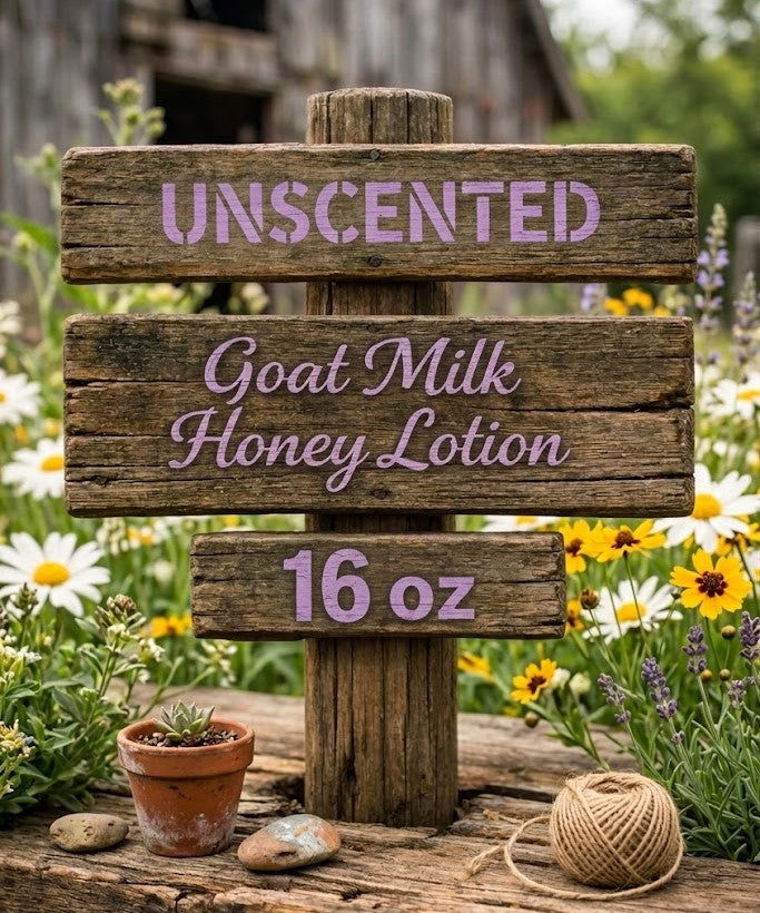 Wooden sign with product information in a garden setting, Unscented Goat Milk Lotion for sensitive skin, creamy and fragrance‑free.