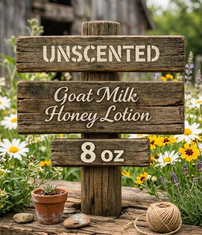 Wooden sign with product information in a garden setting, Unscented Goat Milk Lotion for sensitive skin, creamy and fragrance‑free.
