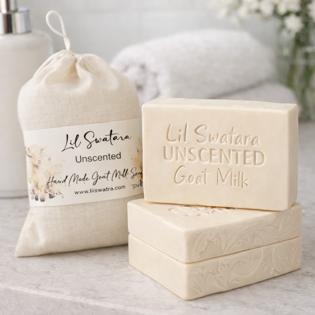 Lil Swatara Unscented Goat Milk Soap bars stacked beside muslin bag, creamy off-white handmade soap for sensitive skin.
